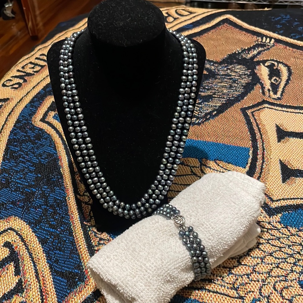 Black Freshwater Pearl, Three Strand Necklace and Bracelet NWOT